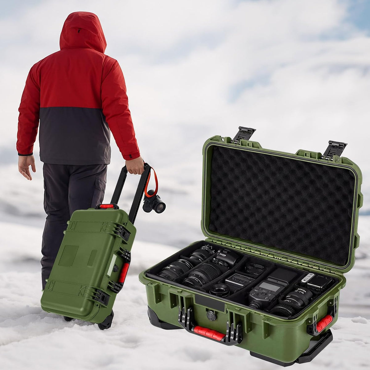 Relaxweex Rolling Camera Hard Case with 15 Padded Dividers & Wheels