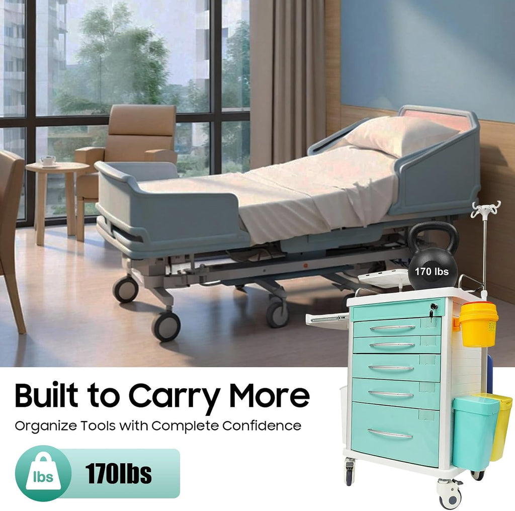 Medical Rolling Crash Cart with Wheels-CPR Board, IV Pole, O2 Holder, Trash Bin, Silent Casters, 5 Drawers with Dividers, Emergency Cart for Clinic, Hospital, Nursing Center (Green)
