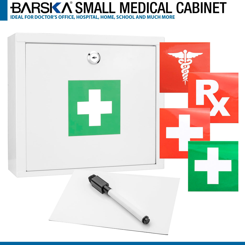 Barska Large Medical Cabinet â Locking Steel Medicine Storage Box with Shelves, Drop-Down Tray, Magnetic Dry Erase Pad, and Wall Mounting Holes - medicine cabinet organizer - Lock Box First Aid