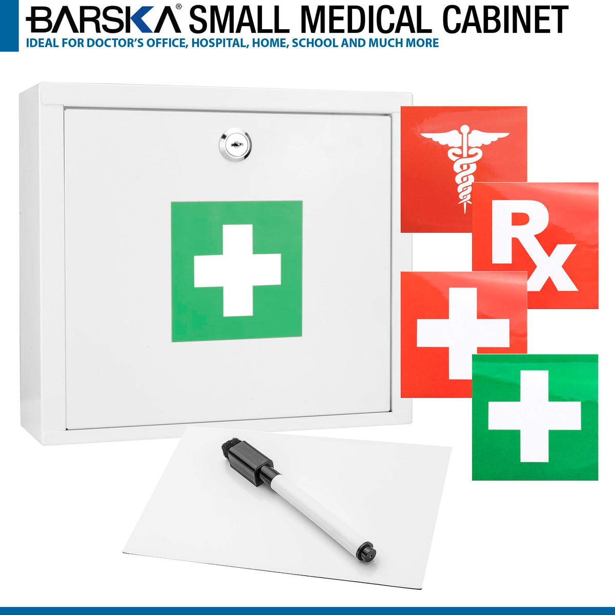 Barska Large Medical Cabinet â Locking Steel Medicine Storage Box with Shelves, Drop-Down Tray, Magnetic Dry Erase Pad, and Wall Mounting Holes - medicine cabinet organizer - Lock Box First Aid