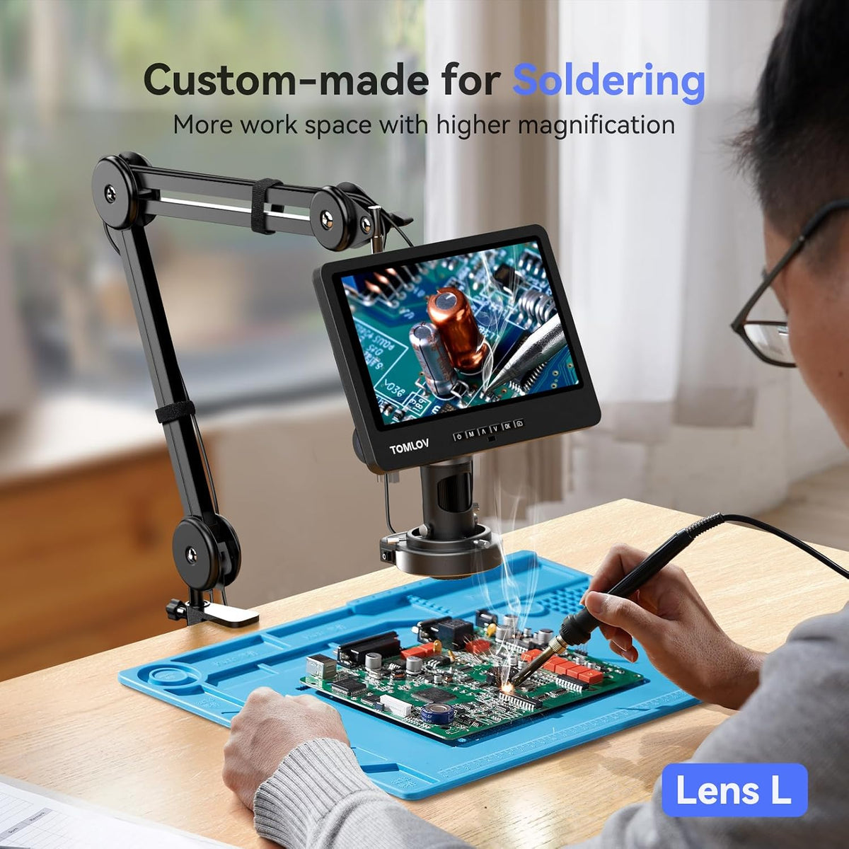 TOMLOV DM602 Flex 3 Lens HDMI Digital Soldering Microscope, Flexible Arm