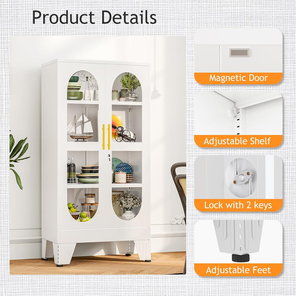 PAOFIN 47" H Locking Display Cabinet with Glass Door, Metal Cabinets with 3 Adjustable Shelves, Cabinet Display Case for Living Room, Collectibles, Clinic, Home - Assembly Required White