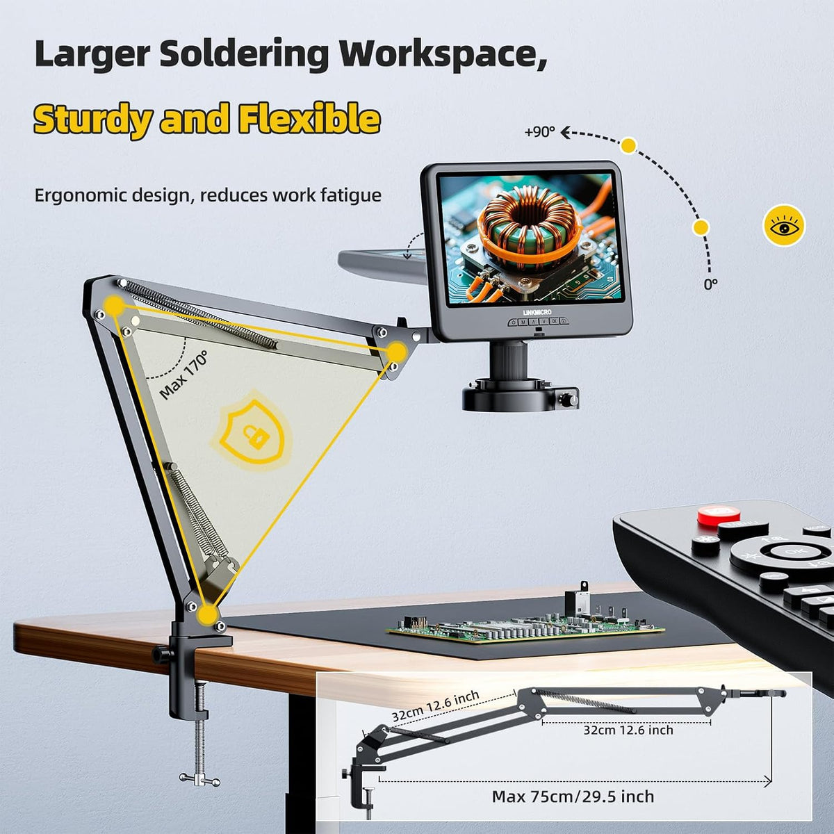 LM109A 10.1" Digital Microscope, Flexible Arm Stand with C-Clamp