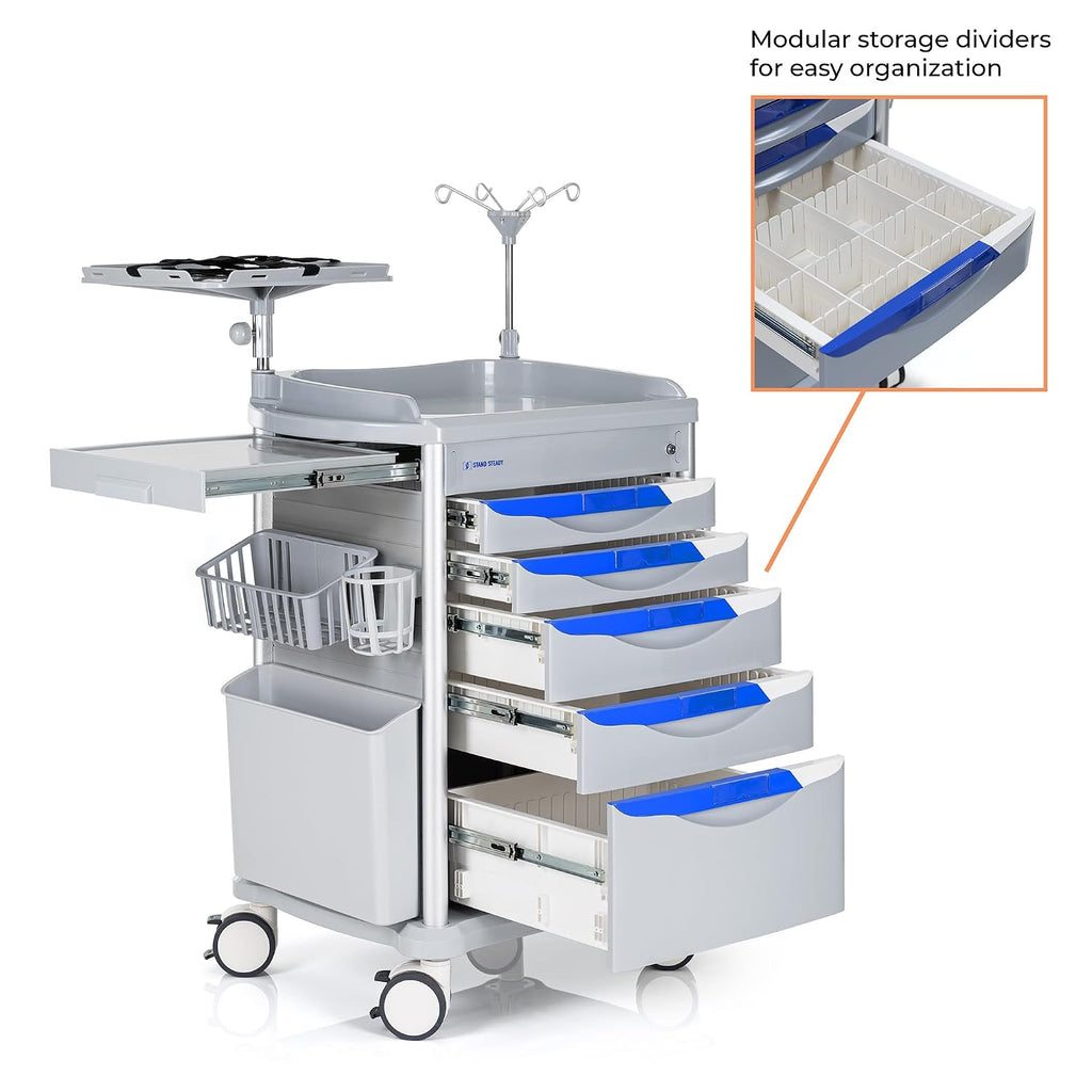 Stand Steady Emergency Crash Cart | Mobile Medical Cart with Drawers & Customizable Storage Bins | Medical Supply Cart with IV Pole, Cardiac Board, O2 Holder & UL-Safety Power Strip | Easy Assembly
