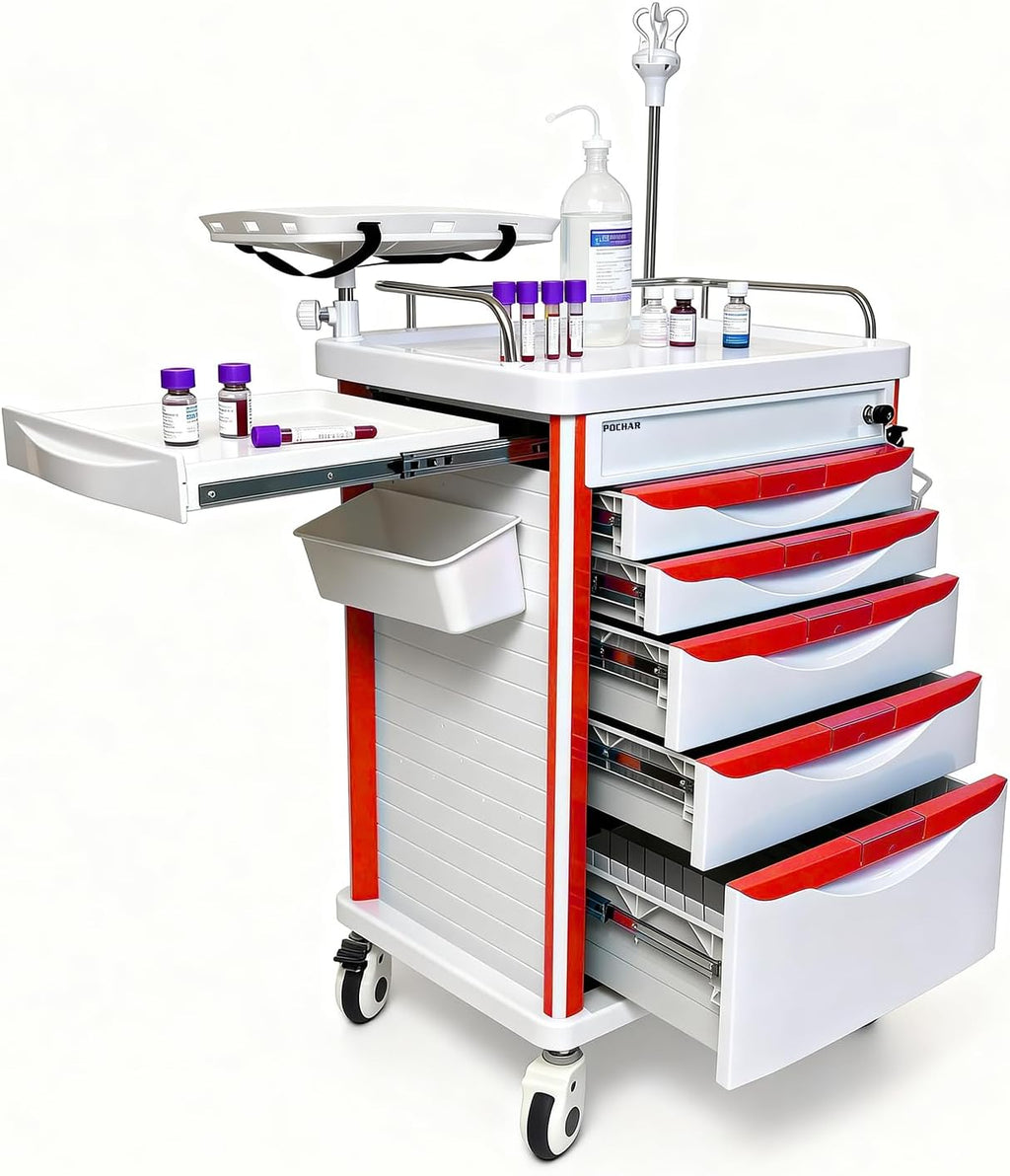 Pochar Medical Crash Cart with Emergency Accessory - Cardiac Board, IV Pole, O2 Holder, Power Strip, Trash Bin, Drawers with Dividers - Mobile Emergency Cart for Hospitals and Clinics