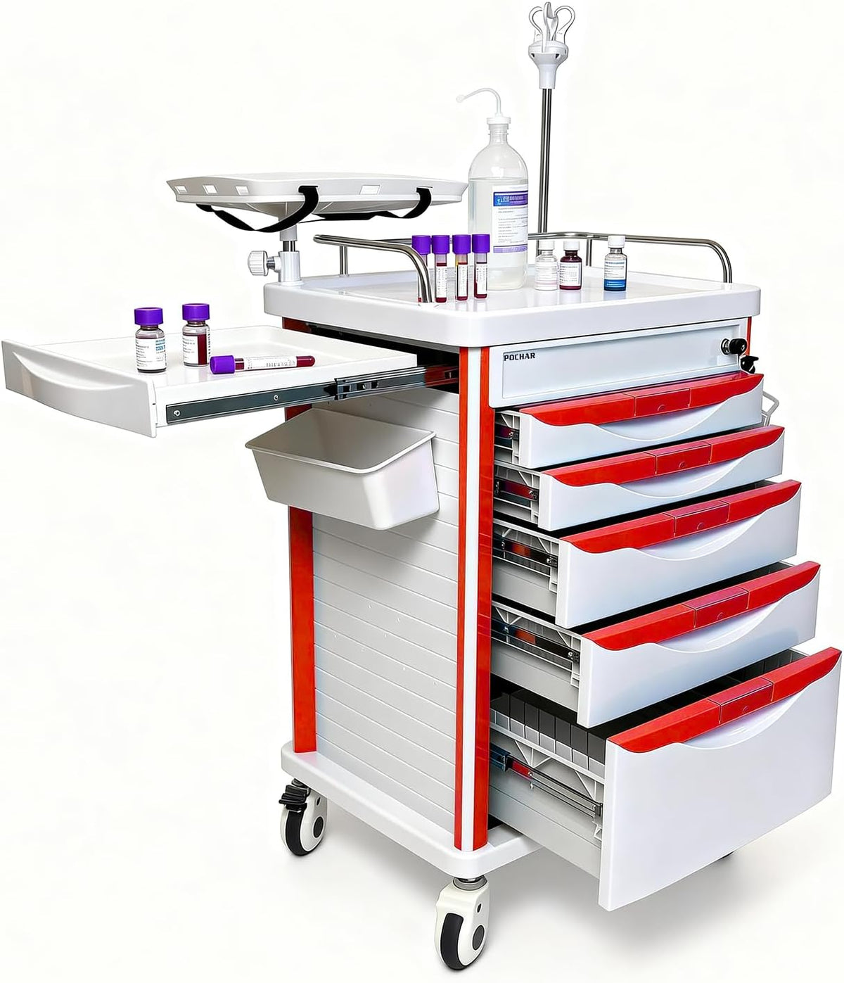 Pochar Medical Crash Cart with Emergency Accessory - Cardiac Board, IV Pole, O2 Holder, Power Strip, Trash Bin, Drawers with Dividers - Mobile Emergency Cart for Hospitals and Clinics