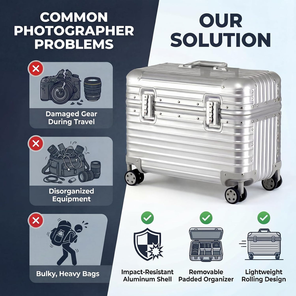 Full Aluminum Rolling Camera Bag 18" Camera Case