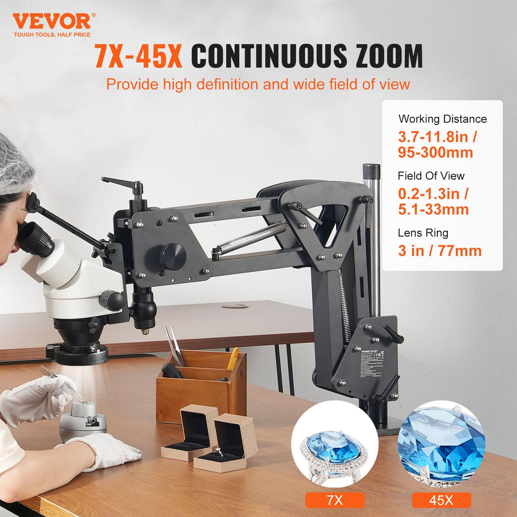 VEVOR Multi-Directional Microscope with Spring Bracket, Micro Jewelry Inlaid Stand, with Integrated USB Ring LED Light, 7X-45X Magnification Jewelry Microscope, Jewelers Microscope for Jewelry Inlay
