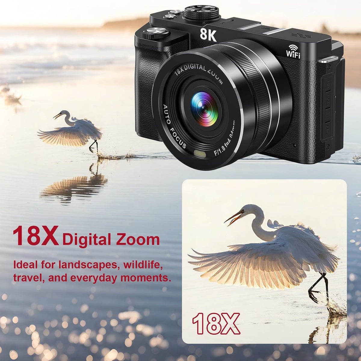 8K Digital Camera WiFi - 88MP Vlogging Cameras for Photography with 3" 180Â° Flip Screen 18X Zoom - UHD Video Camara for YouTube - Autofocus Travel Camera with Lens Hood, Memory Card, Flash