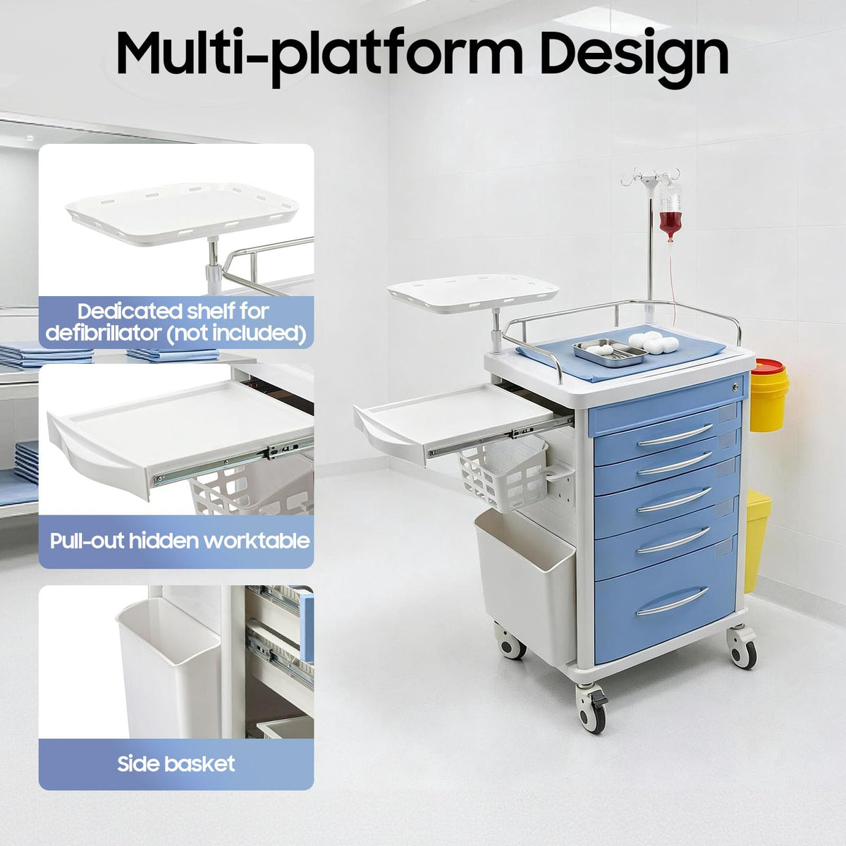 Medical Rolling Crash Cart with Accessories-CPR Board, 2 Trash Bin, Power Strip, Drawers with Dividers, Mobile Medical Cart for Clinic, Hospital, Nursing Center, Salon, 29.53 * 18.7 * 37.4in (Red)