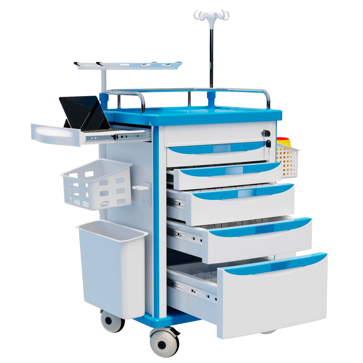 Medical Rolling Storage Crash Cart with Wheels, 5-Tier Medical Cart with Drawers, Adjustable IV Pole, Trash Bin & O2 Holder, Needle Disposal Holder, Silent Casters, Ideal for Hospitals (Grey)
