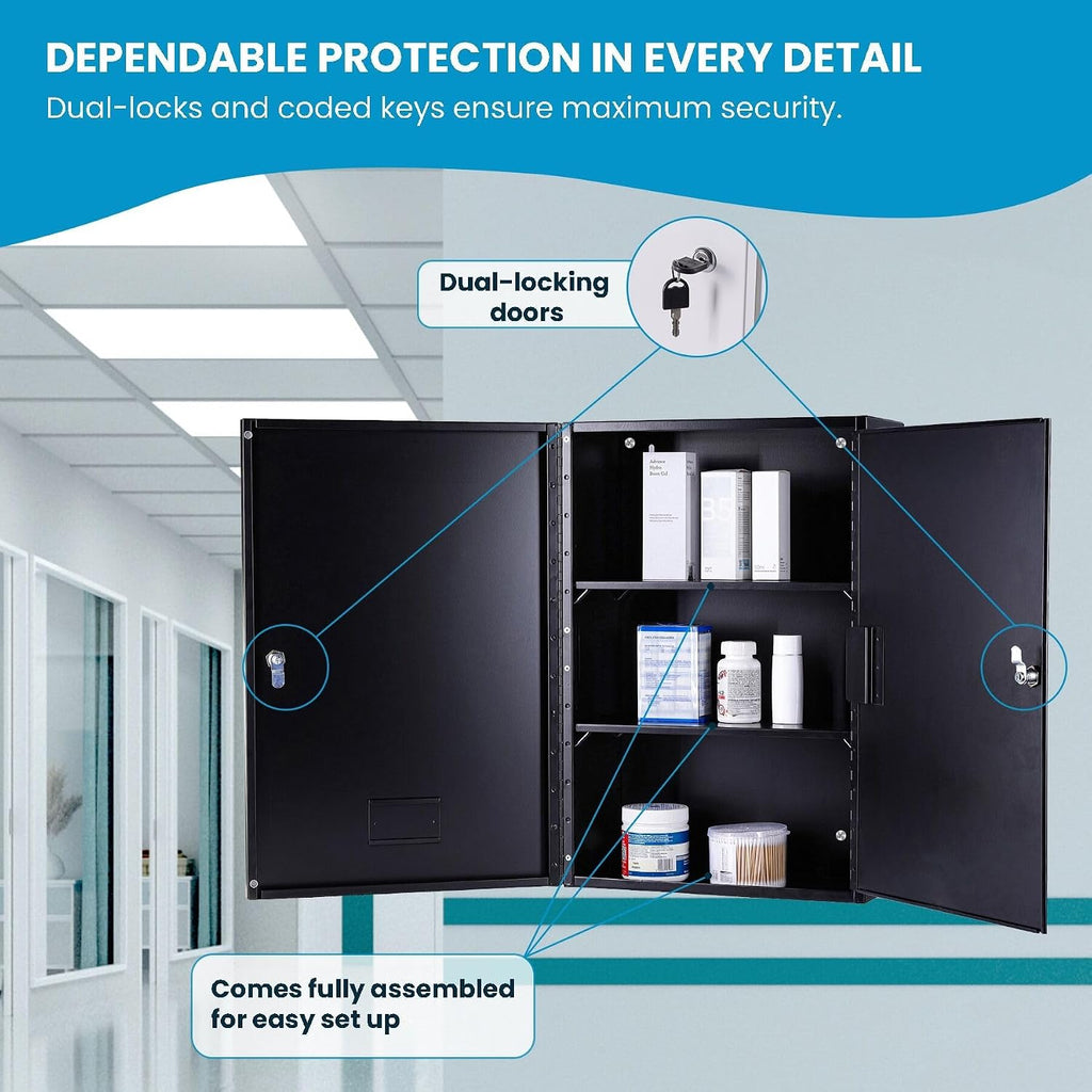 Vivacomfort Large Black Double Door Narcotics Cabinet, Locking Medicine Cabinet, 24â H x 16â W x 8â D