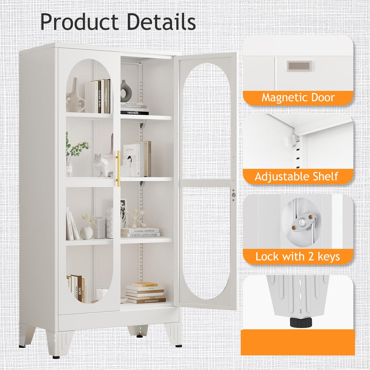 PAOFIN 47" H Locking Display Cabinet with Glass Door, Metal Cabinets with 3 Adjustable Shelves, Cabinet Display Case for Living Room, Collectibles, Clinic, Home - Assembly Required White