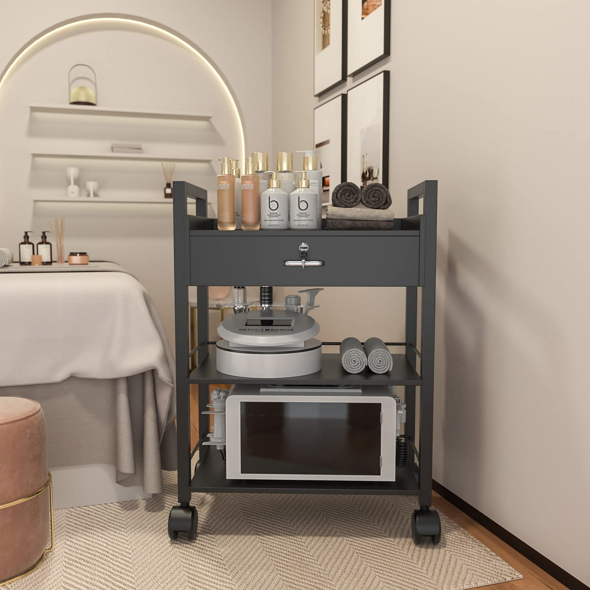 Paddie Salon Trolley Cart, Salon Tray Wooden Mobile Utility Cabinet with 2 Lockable Drawers, Rolling Storage Station Medical Esthetic Supply Holder for Beauty Spa (2 Drawers, White)