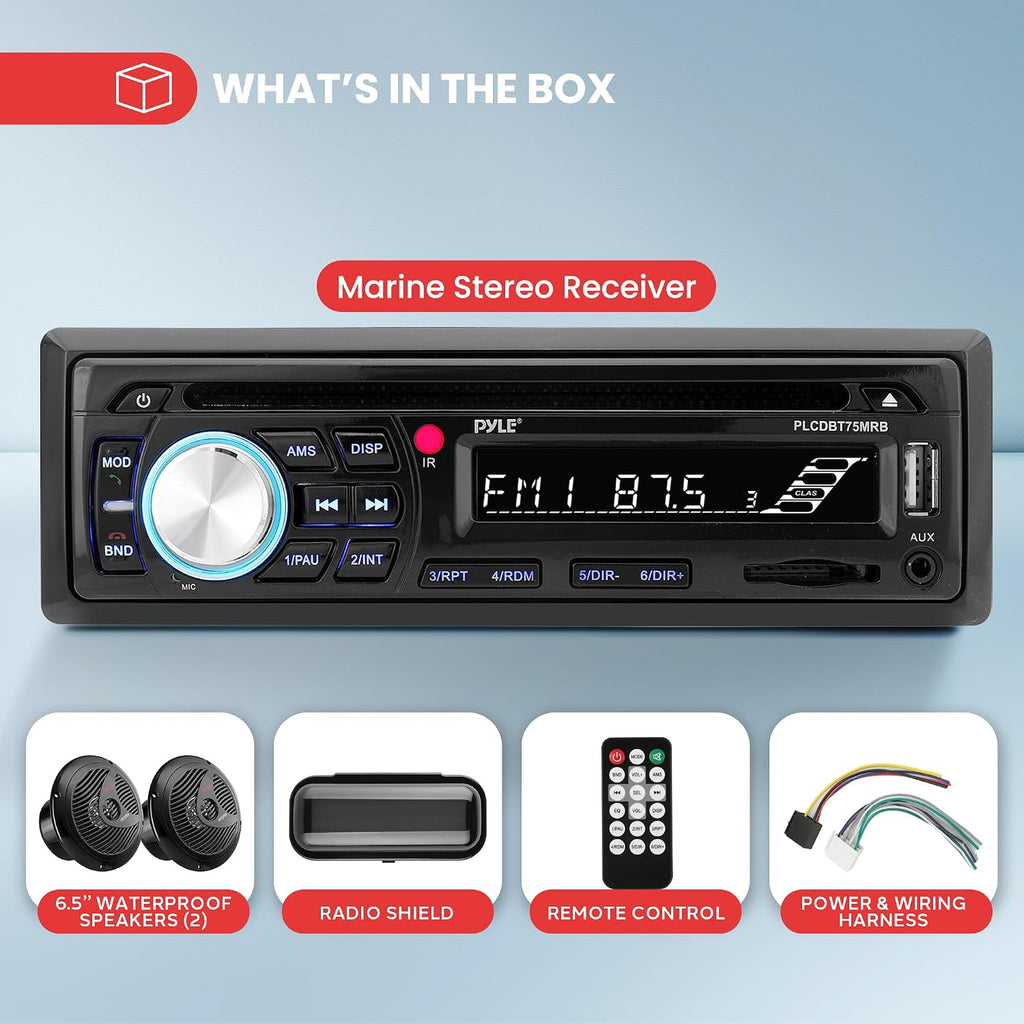 Pyle Marine Stereo Radio Receiver Speaker Kit - 200W Wireless Receiver and 150W Waterproof 6.5â Speakers, Hands-Free Talking, CD/MP3/USB/SD Player, AM/FM Radio, for Boat & Off-Road Vehicles
