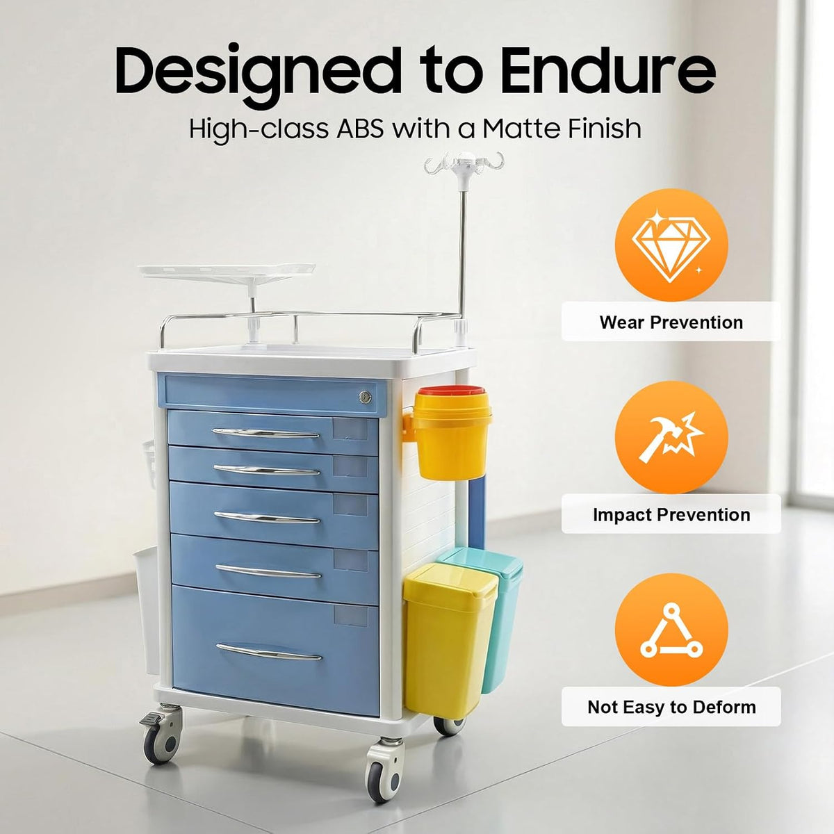 Medical Rolling Storage Crash Cart with Wheels & 5 Drawers, Hospital Mobile Ultrasound Med Cart with Power Strip, Needle Disposal,O2 Holder,Nursing Emergency Cart for Hospital, Clinic (Blue)