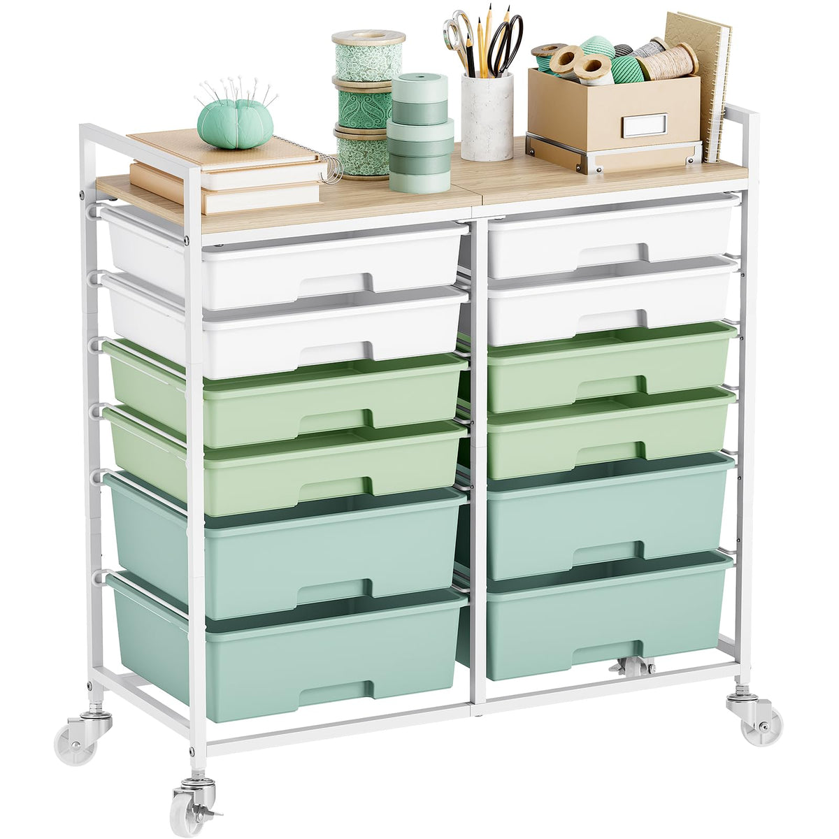 TOOLF 12 Drawers Rolling Storage Cart with Wooden Top for Classroom,White