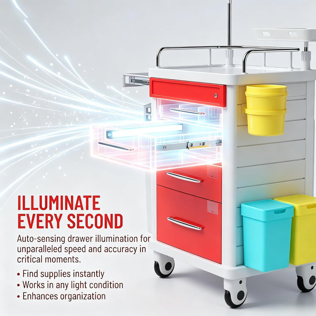 FDA Approved 4-Tier Medical Crash Cart with Auto-Sensing LED Lights