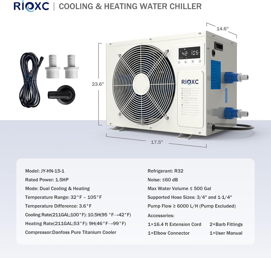 1-1/2 HP Cold Plunge Chiller, 500 Gallon Cold & Heat Ice Bath Water Chiller for Cold Plunge Tubs, 42â105Â°F for Cold & Heat Therapy Recovery, Fast Cooling, Detachable Control Panel
