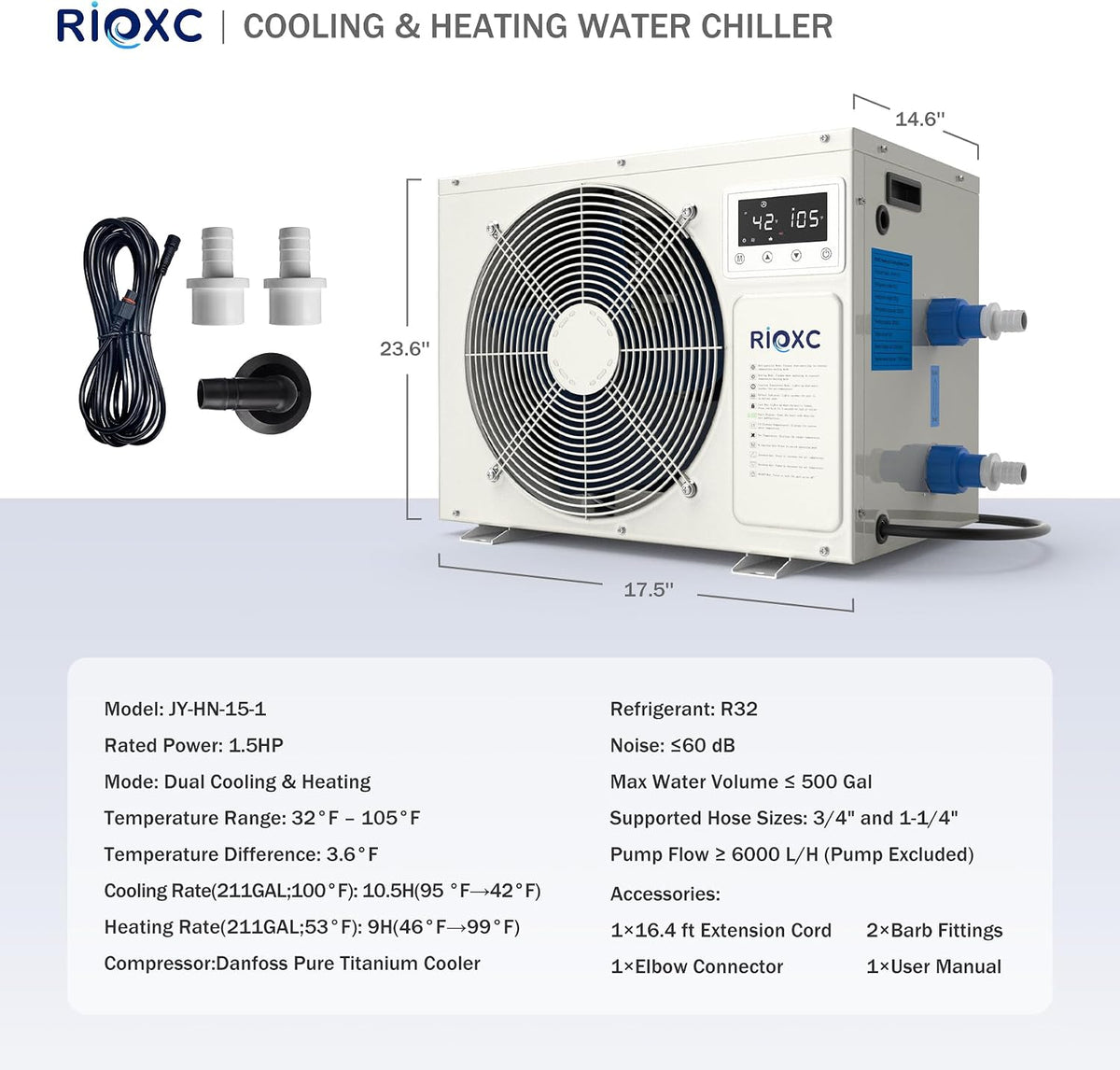 1-1/2 HP Cold Plunge Chiller, 500 Gallon Cold & Heat Ice Bath Water Chiller for Cold Plunge Tubs, 42â105Â°F for Cold & Heat Therapy Recovery, Fast Cooling, Detachable Control Panel