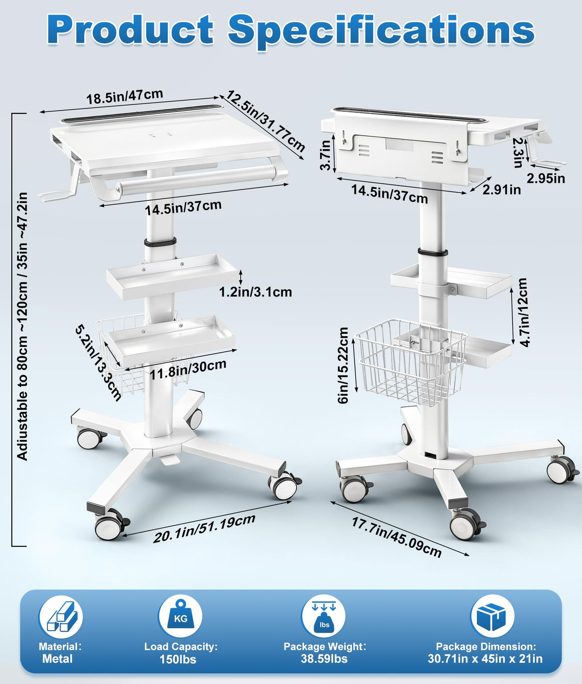 Medical Rolling Crash Cart with 5 Drawers, Emergency Cart with Power Strip, Central Lock, IV Pole, O2 Holder, Defibrillator Shelf, CPR Board for Hospital Clinic