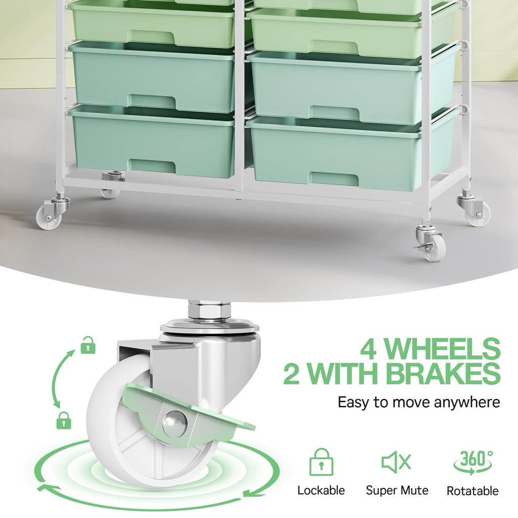 TOOLF 12 Drawers Rolling Storage Cart with Wooden Top for Classroom,White