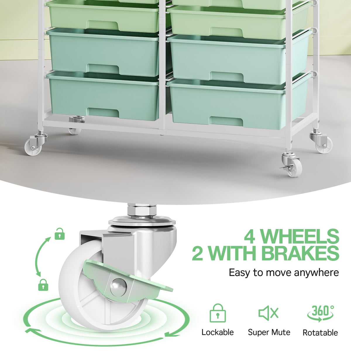 TOOLF 12 Drawers Rolling Storage Cart with Wooden Top for Classroom,White