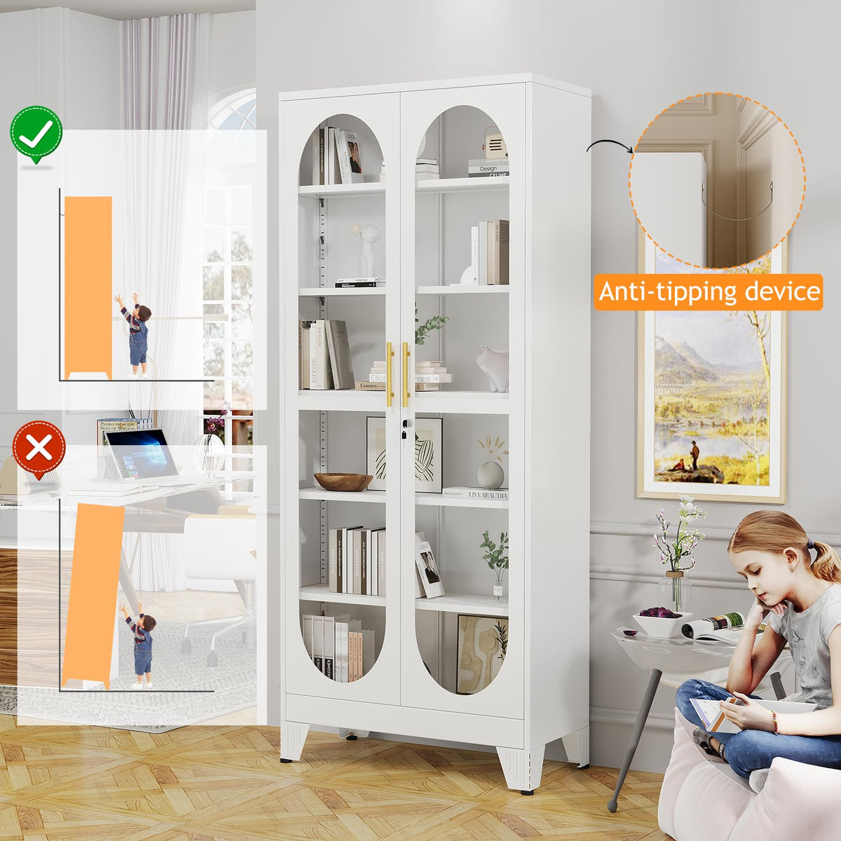 PAOFIN 47" H Locking Display Cabinet with Glass Door, Metal Cabinets with 3 Adjustable Shelves, Cabinet Display Case for Living Room, Collectibles, Clinic, Home - Assembly Required White