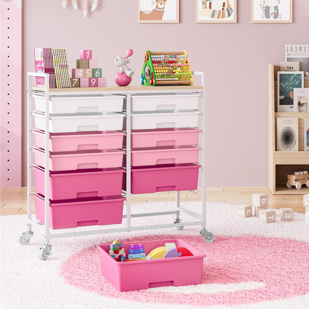 TOOLF 12 Drawers Rolling Storage Cart with Wooden Top for Classroom,White