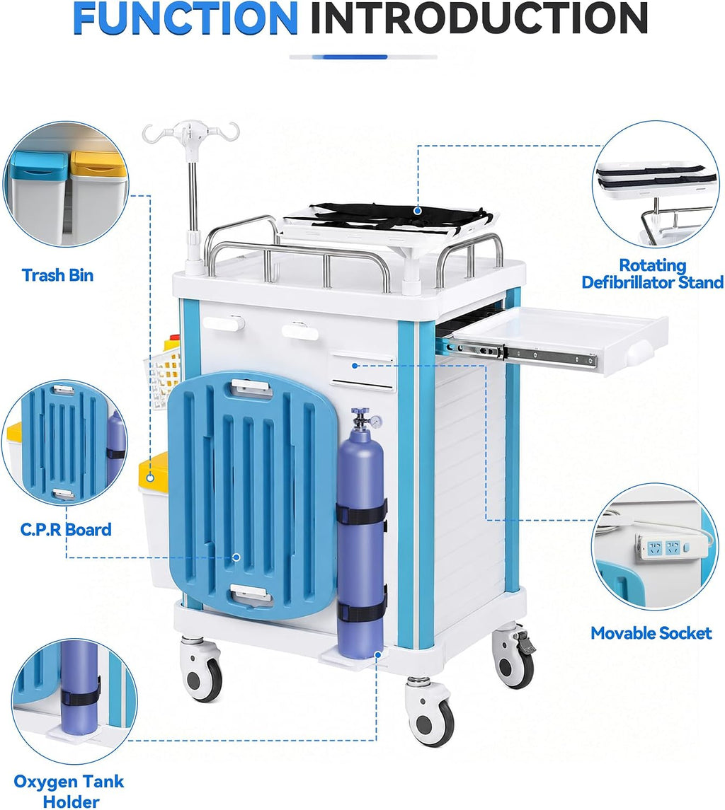 Medical Crash Cart Rolling Emergency with 5 Drawers & Wheels, Mobile Nursing Cart Featuring Power Strip, Hospital Ultrasound cart with IV Pole, Needle Disposal, O2 Holder for Hospital & Clinic