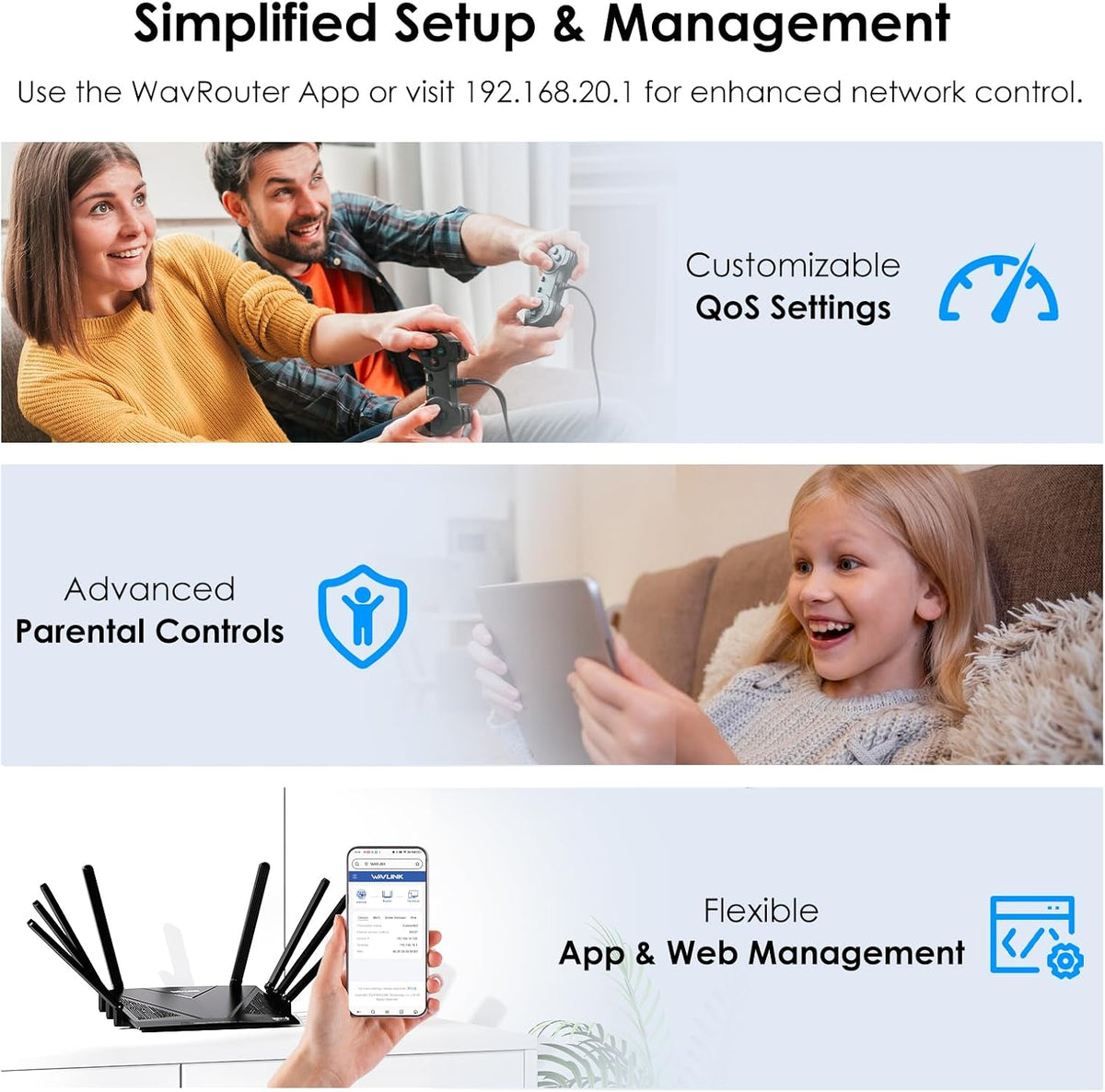 WAVLINK AX6000 Dual Band WiFi 6 Router, High Speed Gigabit Router for Wireless Internet, 8 High-Gain Antennas, 2.5G Ethernet Port, Mesh, 8 Stream, WPA3, OpenVPN, Smart APP for Large Home