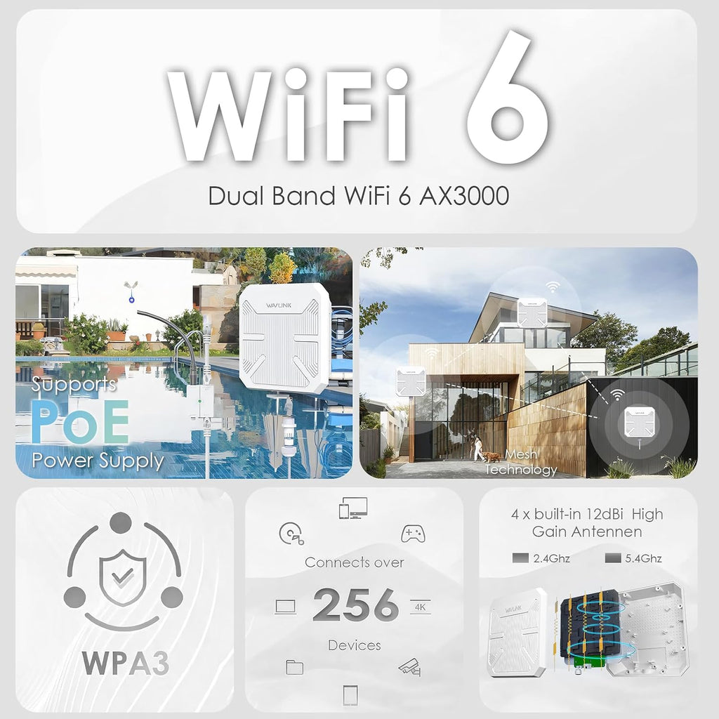 WAVLINK AX3000 Outdoor WiFi 6 Extender, Dual Band Long Range WiFi
