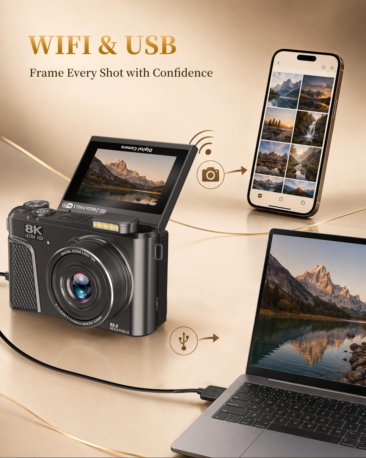 8K Digital Camera, 88MP Autofocus Camera for Beginners & Photography, WiFi