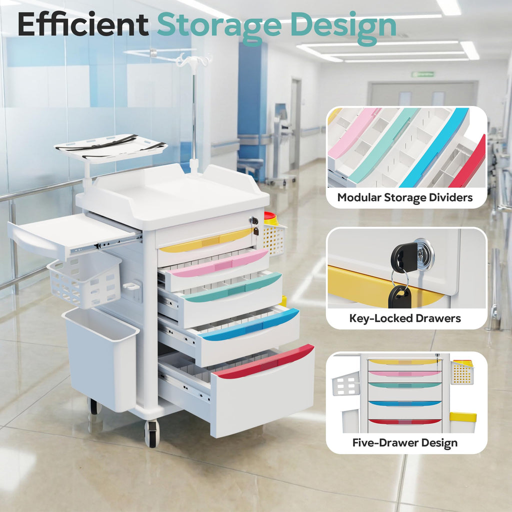 Medical Rolling Storage Crash Cart with Wheels, 5-Tier Medical Cart with Drawers, Adjustable IV Pole, Trash Bin & O2 Holder, Needle Disposal Holder, Silent Casters, Ideal for Hospitals (Grey)