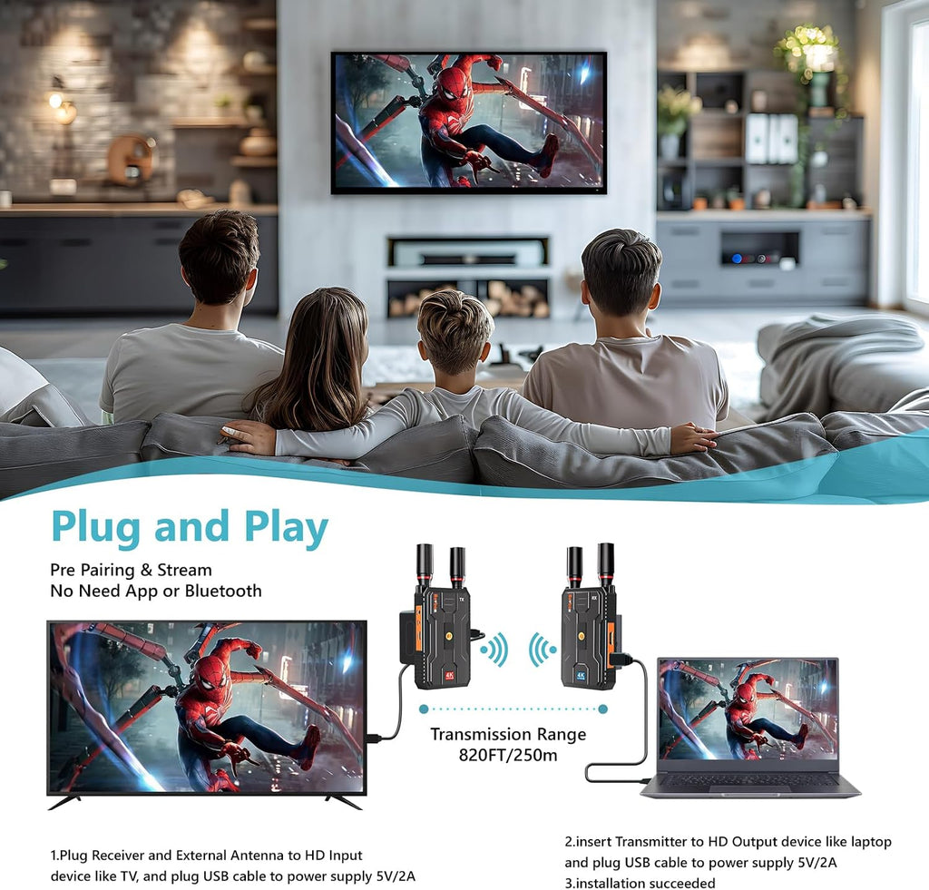 Wireless HDMI Transmitter and Receiver 4K: Plug&Play HDMI Wireless Extender Kit, 5G 820FT Sender and Receiver with Loopout for Streaming Video and Audio to Monitor from Laptop/PC, Audio Interface