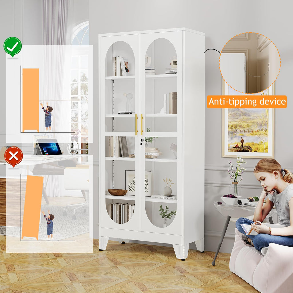 PAOFIN 47" H Locking Display Cabinet with Glass Door, Metal Cabinets with 3 Adjustable Shelves, Cabinet Display Case for Living Room, Collectibles, Clinic, Home - Assembly Required White