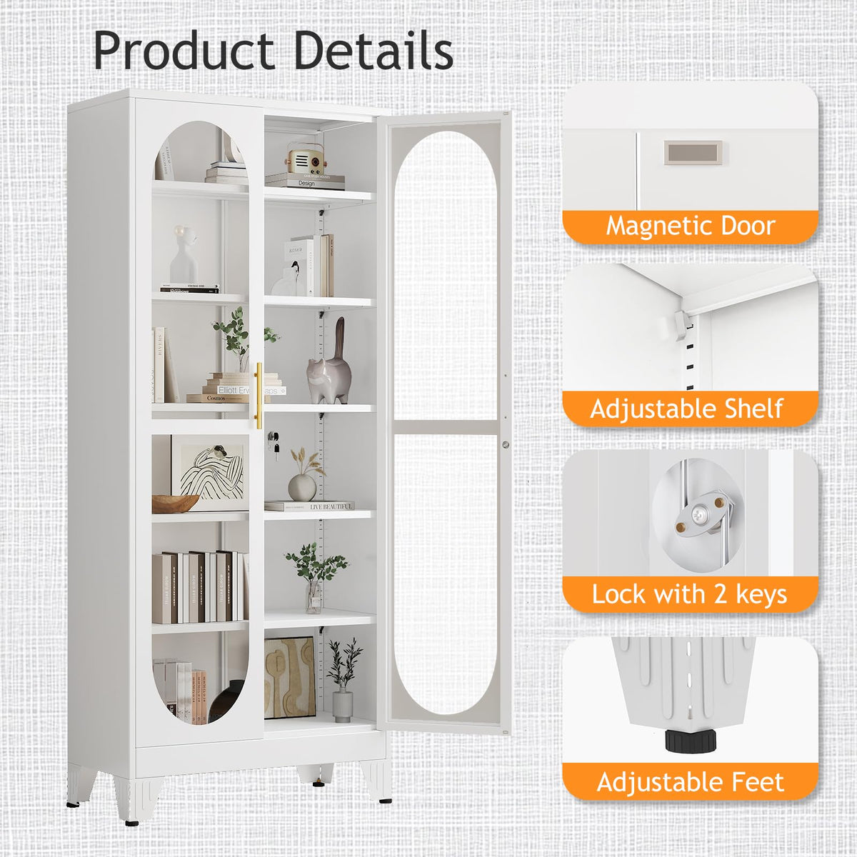 PAOFIN 47" H Locking Display Cabinet with Glass Door, Metal Cabinets with 3 Adjustable Shelves, Cabinet Display Case for Living Room, Collectibles, Clinic, Home - Assembly Required White