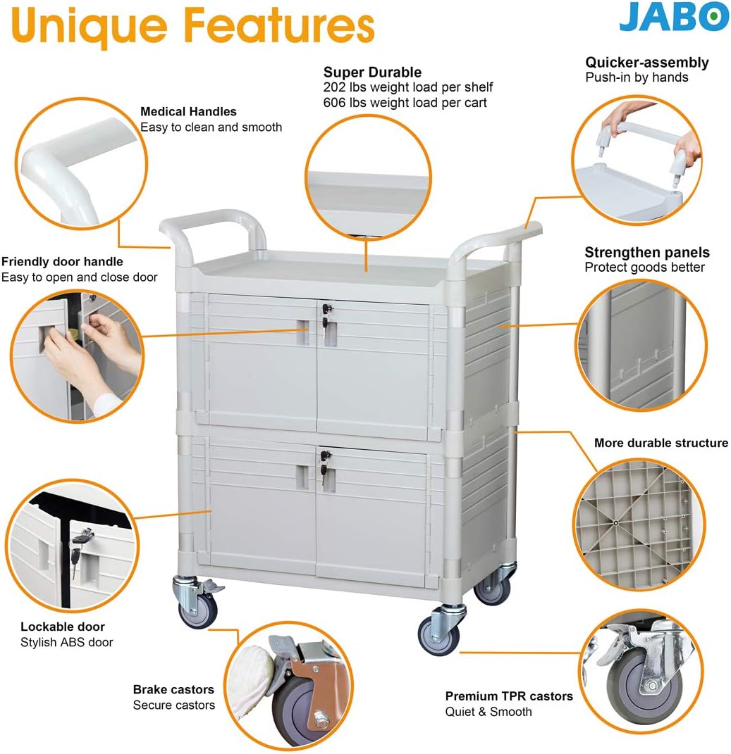 JaboEquip Larger Commercial Heavy Duty Hospital Cart, Lockable Medical Cart with 2 Doors for Hospital Clinic Medical Healthcare, JBG-3D2, Off-White