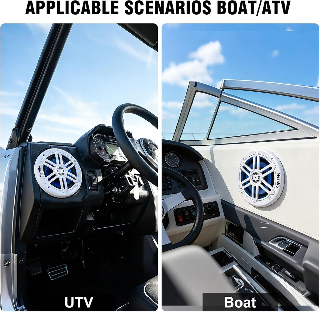 Herdio 6.5 Inch 350W Bluetooth Marine Speakers with Blue LED Light - 2 Way Waterproof Coaxial Speakers for Boats, ATVs, UTVs (A Pair, White)