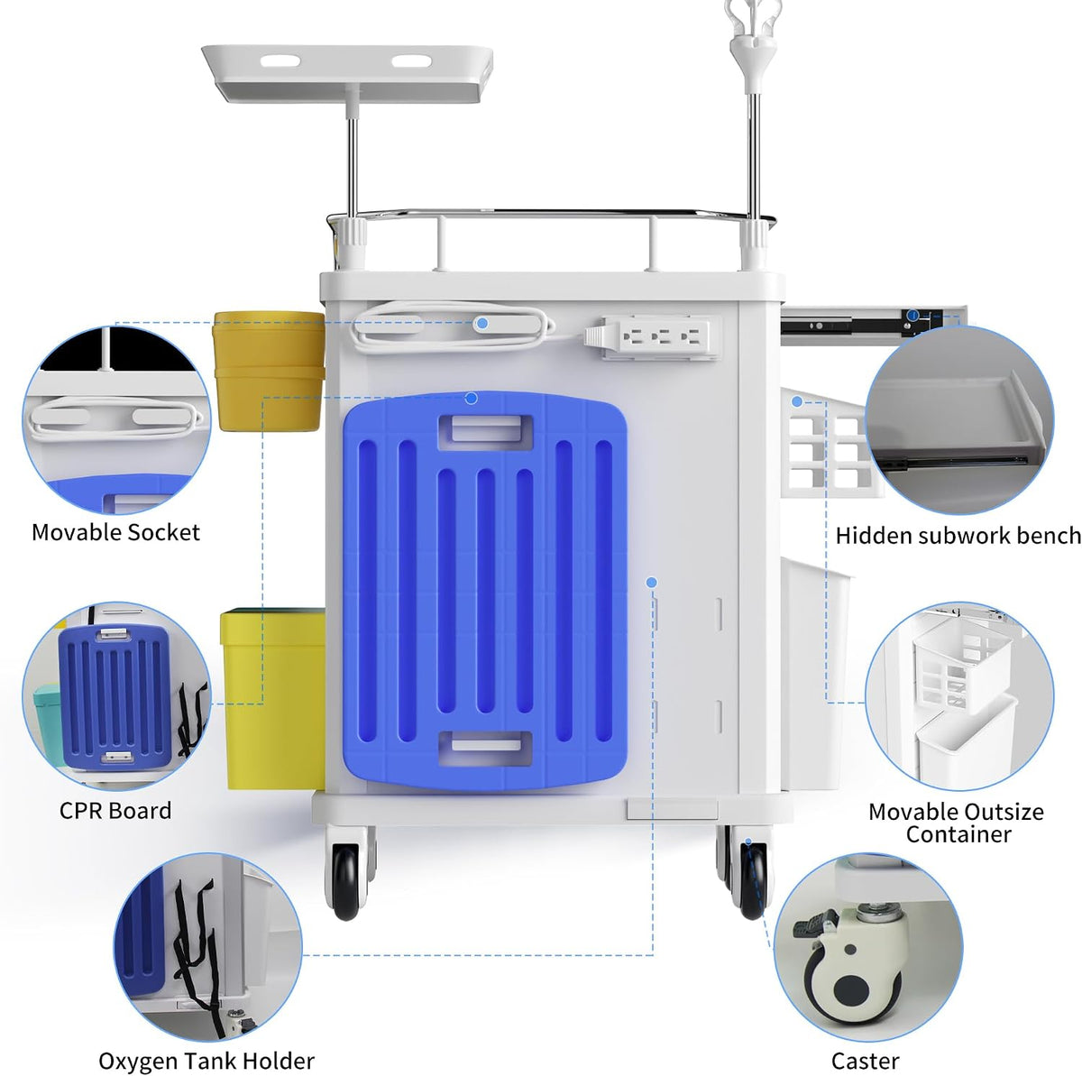 Medical Rolling Crash Cart, Mobile Medical Cart for Clinic, Hospital, Nursing Center with Integrated Medical Countertop -2 Trash Bin, Power Strip, Drawers with Dividers