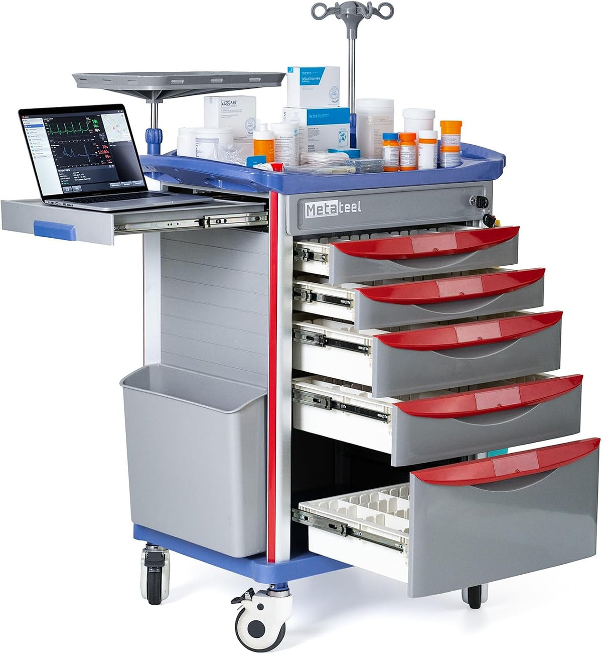 5-Tier Medical Cart with Wheels, Hospital Emergency Rolling Crash Carts with Adjustable IV Pole, Cardiac Board, O2 Holder, Power Strip, Trash Bin - Ideal Nursing Cart for Clinics, Hospitals