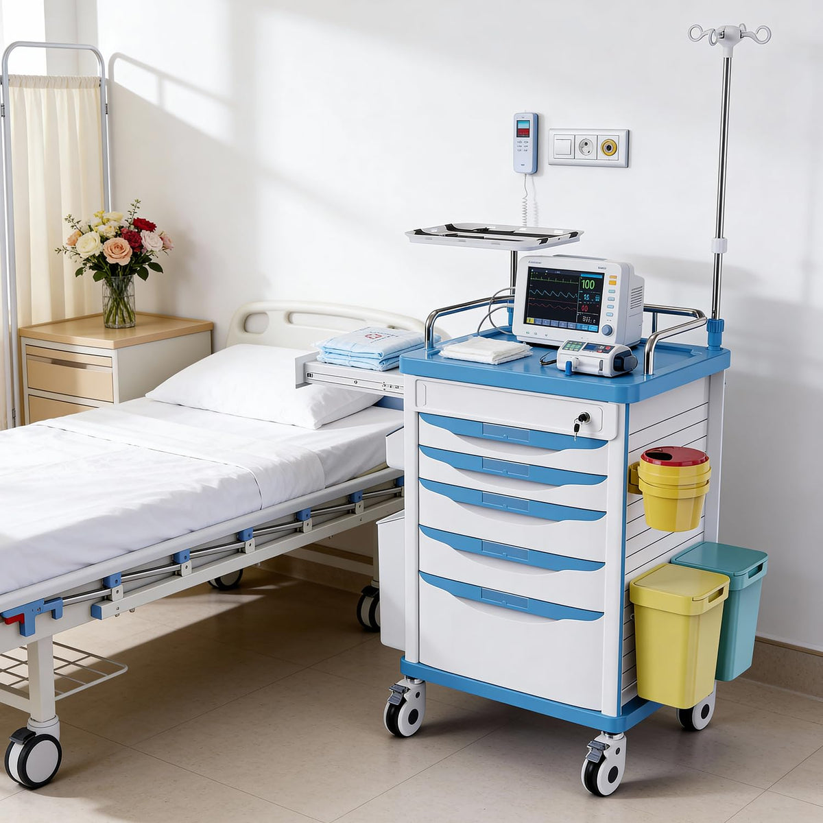 Medical Rolling Crash Cart with Integrated Medical Countertop