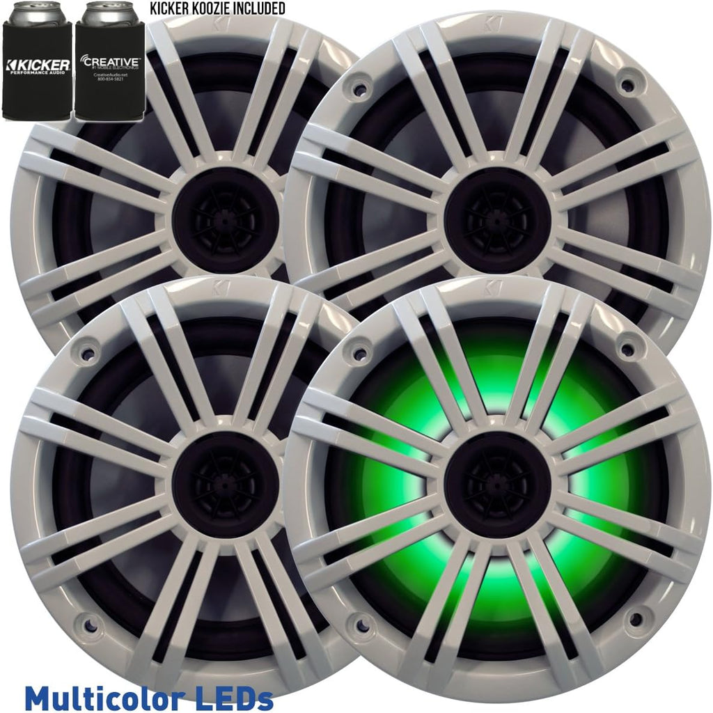 KICKER Marine Audio Bundle â (8) 6.5" White RGB LED 4-Ohm Coaxial Speakers (4 Pair) with 48KXMA800.8 800W 8-Channel Amplifier â OEM Replacement Boat System