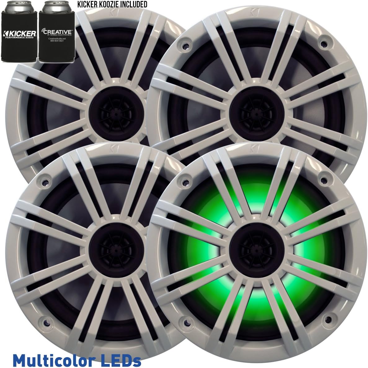 KICKER Marine Audio Bundle â (8) 6.5" White RGB LED 4-Ohm Coaxial Speakers (4 Pair) with 48KXMA800.8 800W 8-Channel Amplifier â OEM Replacement Boat System