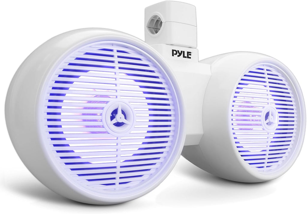 Pyle Dual Bluetooth Off-Road Speakers - 8â 300W 2-Way Marine Waterproof Wakeboard Tower Sound System w/LED Light, Full Range Outdoor Stereo Speaker for Car ATV Jeep Boat, Includes Brackets (White)