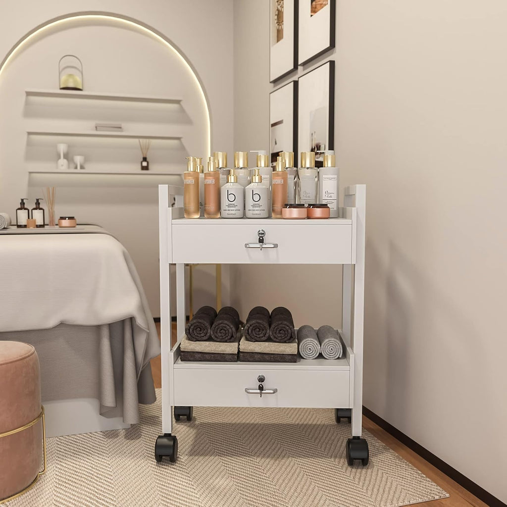 Paddie Salon Trolley Cart, Salon Tray Wooden Mobile Utility Cabinet with 2 Lockable Drawers, Rolling Storage Station Medical Esthetic Supply Holder for Beauty Spa (2 Drawers, White)