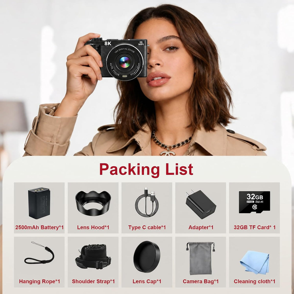 8K Digital Camera WiFi - 88MP Vlogging Cameras for Photography with 3" 180Â° Flip Screen 18X Zoom - UHD Video Camara for YouTube - Autofocus Travel Camera with Lens Hood, Memory Card, Flash