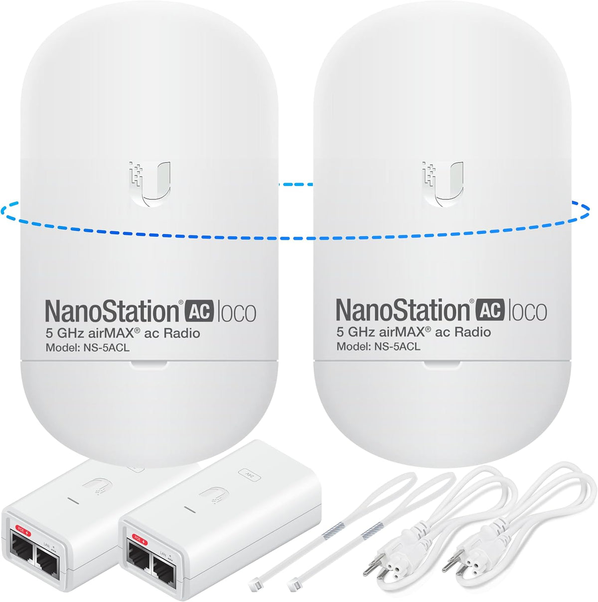 Wireless Bridge Ubiquiti LOCO5AC PRE-CONFIGURED, Bundle of 2 Ubiquiti Nanostation LOCO 5AC, Point to Point Outdoor WiFi Bridge, Plugh and Play, 5GHz, 450+Mbps, 10+km Link Range, Network Bridge