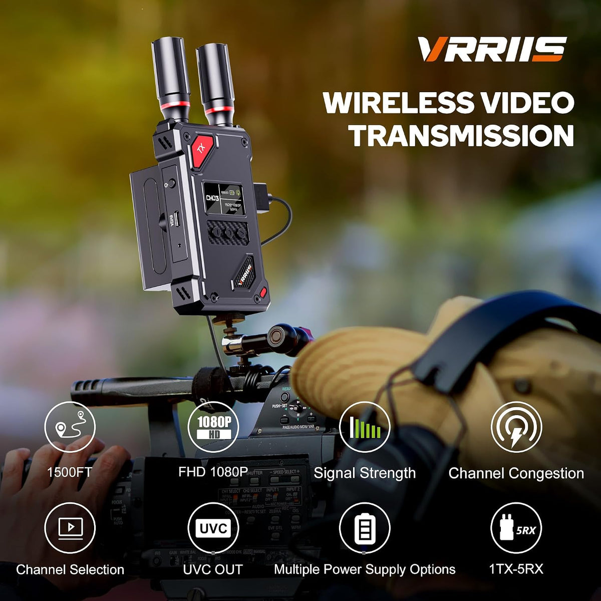 Wireless Video Transmitter and Receiver with UVC Out for Live System,Manual Switching of 20 Channels,Wireless Video Transmission System 1500FT Los Range,0.05s Delay,Up to 5 Devices(1TX+1RX)