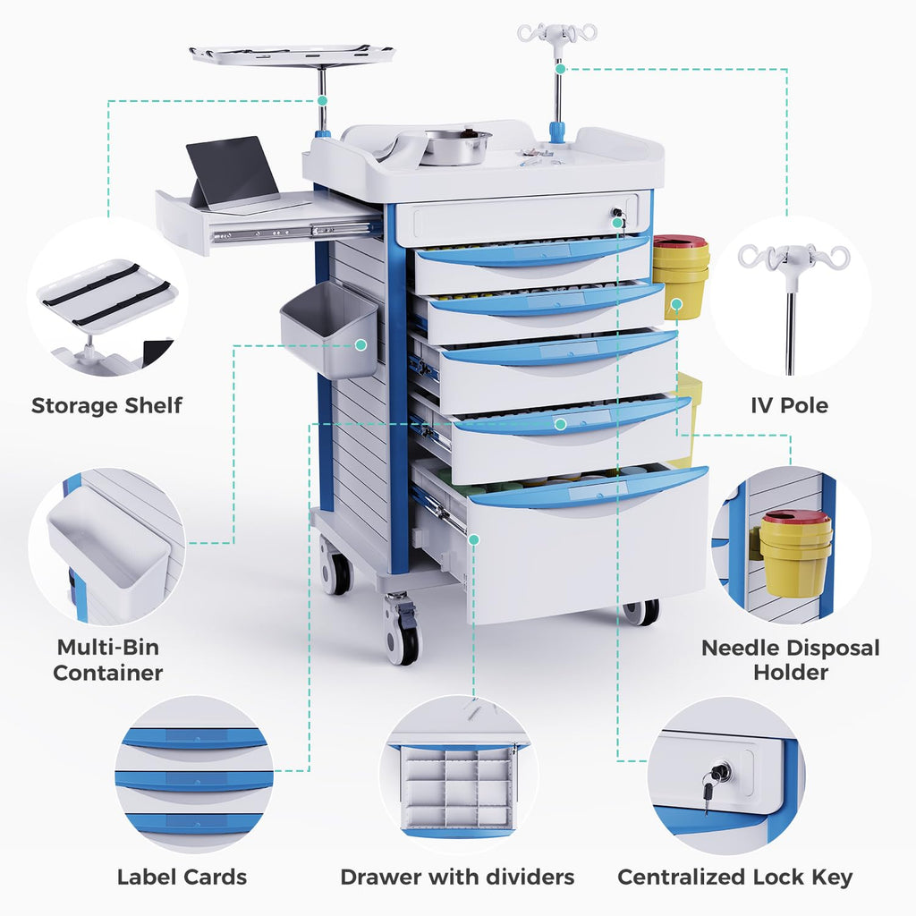 Medical Rolling Crash Cart with Integrated Medical Countertop